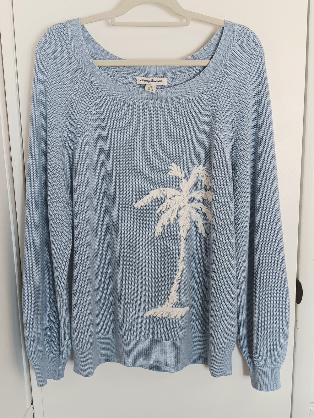 Tommy Bahama Light Blue Breezy Palm Crewneck Cotton Sweater Coastal 90s Nautical